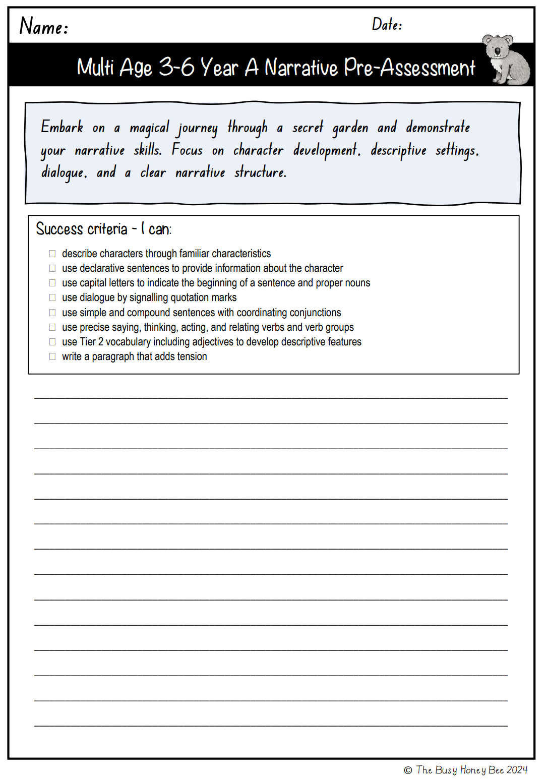 Multi Age 3-6 Year A Unit 1 Narrative Writing Pre-Assessment