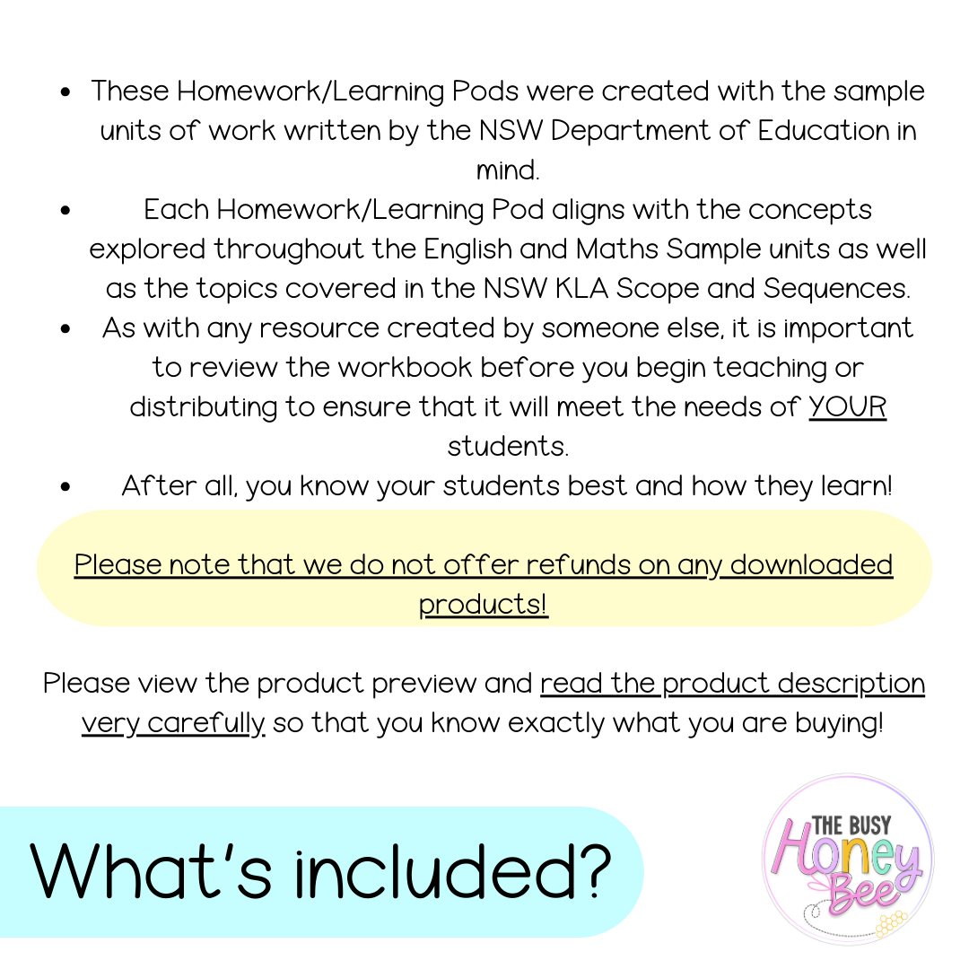 Stage 1 Year B Homework/Learning Pods Term 1 Mega Bundle