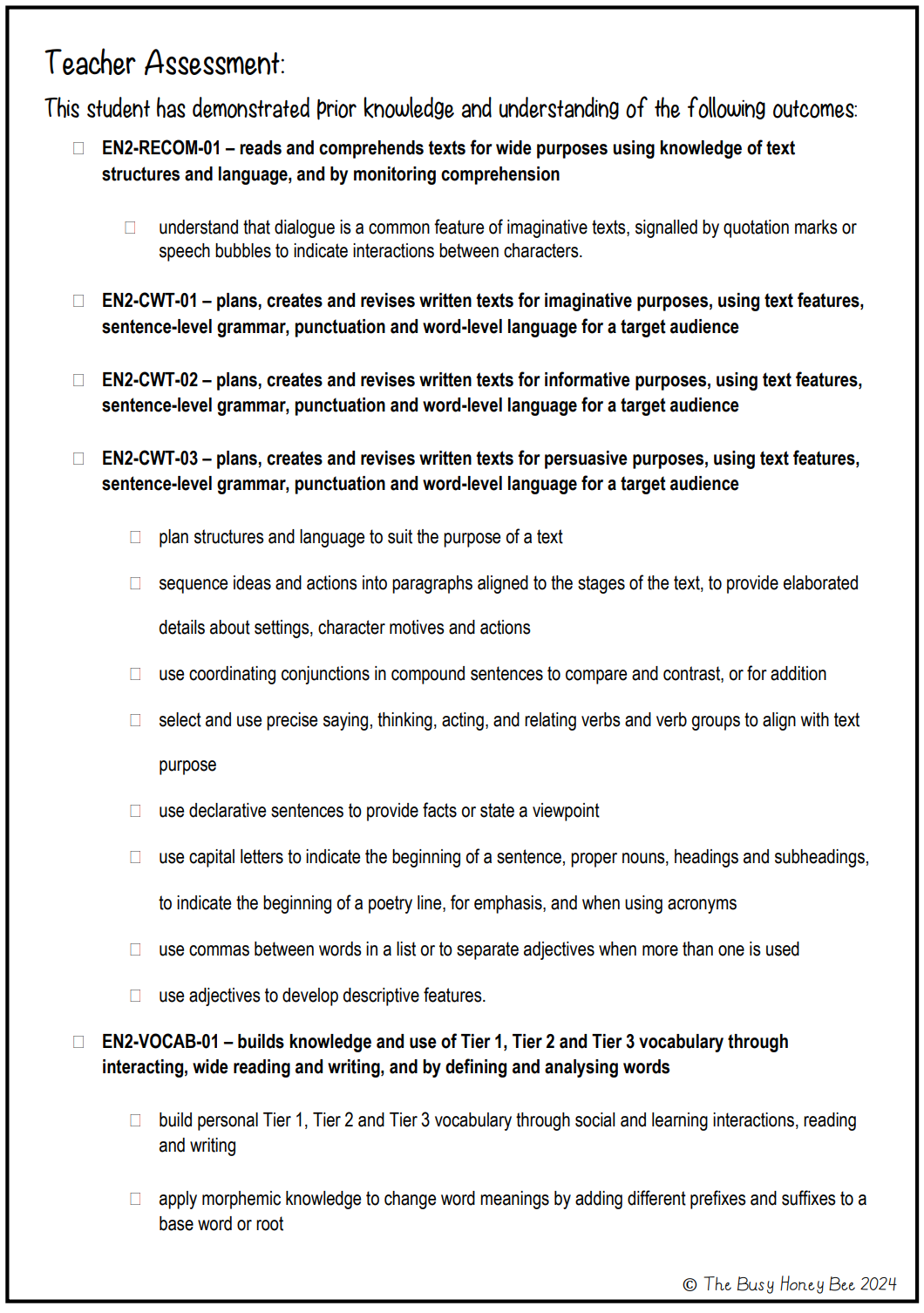 Multi Age 3-6 Year A Unit 1 Narrative Writing Pre-Assessment