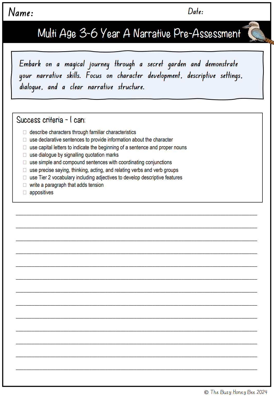 Multi Age 3-6 Year A Unit 1 Narrative Writing Pre-Assessment