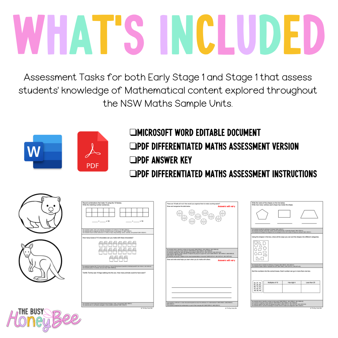 Multi Age K-2 Year A Differentiated NSW Maths Assessment Unit 1