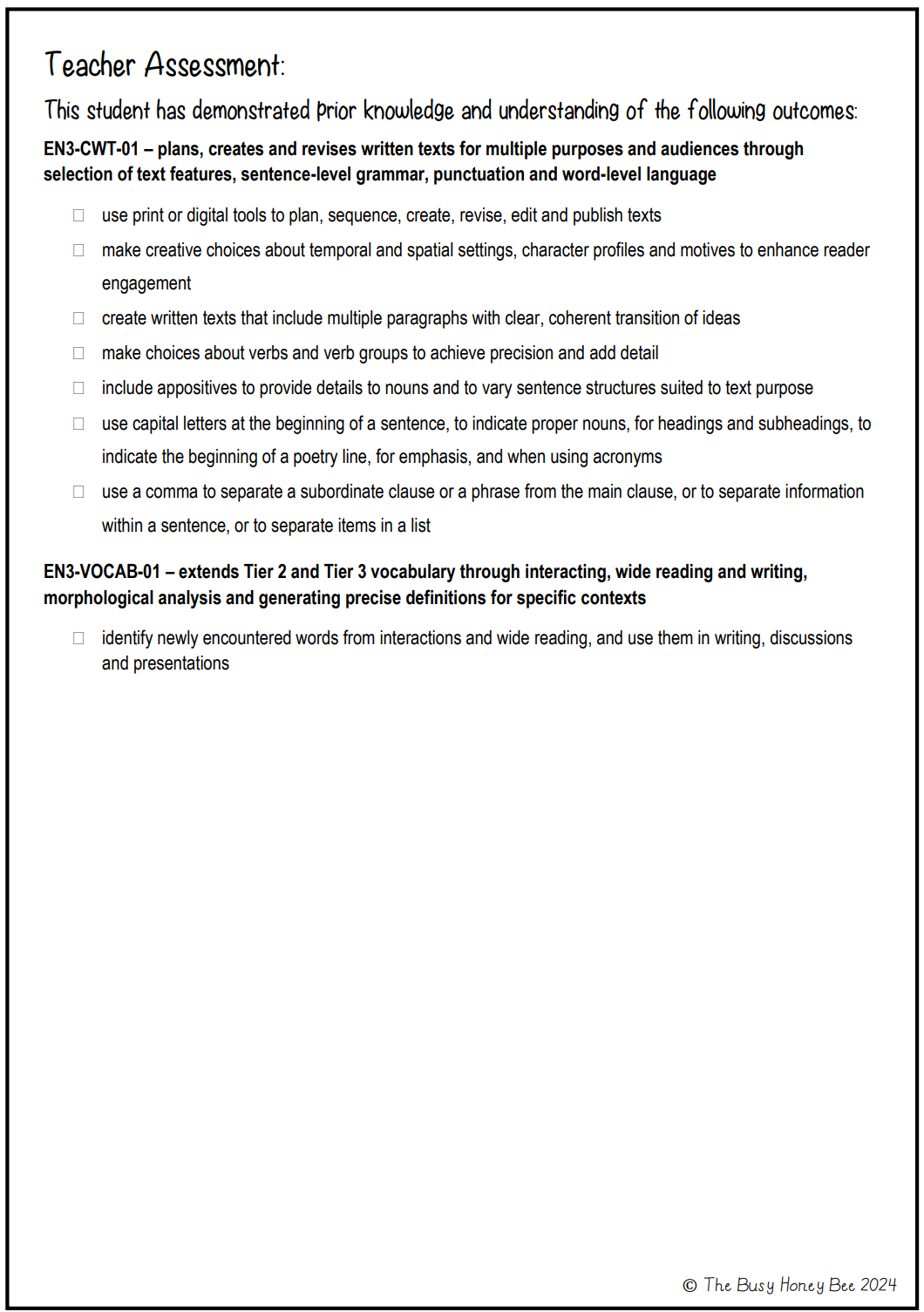 Multi Age 3-6 Year A Unit 1 Narrative Writing Pre-Assessment