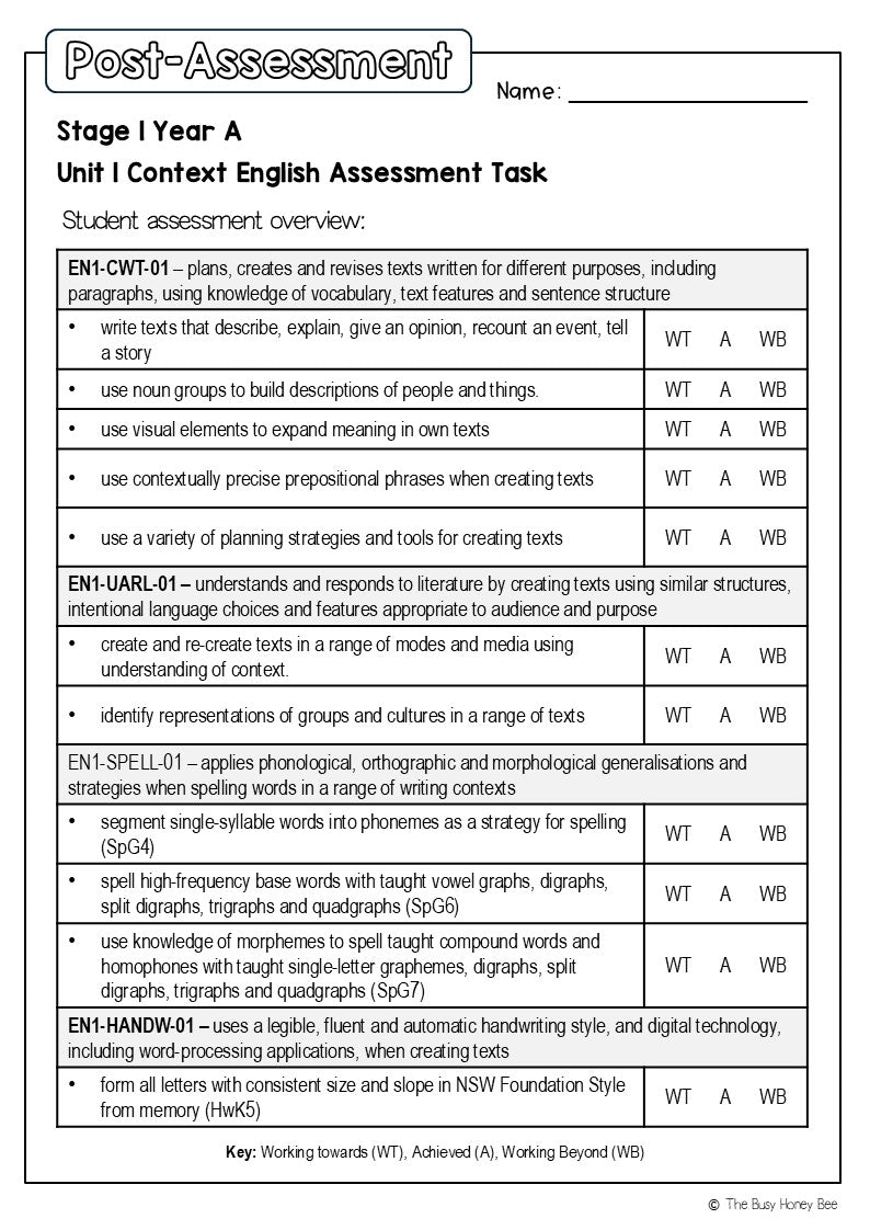Stage 1 Year A English Pre- and Post-Assessment Unit 1