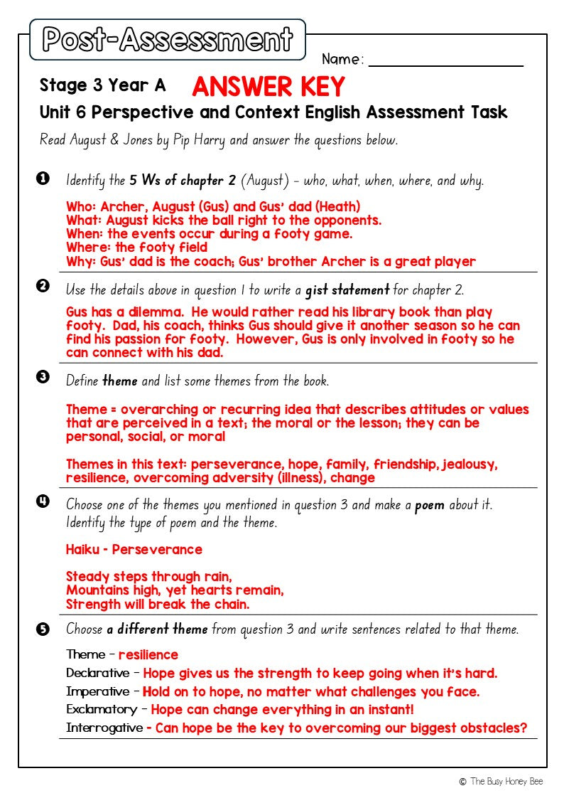 Stage 3 Year A English Pre- and Post-Assessment Unit 6 Perspective and context