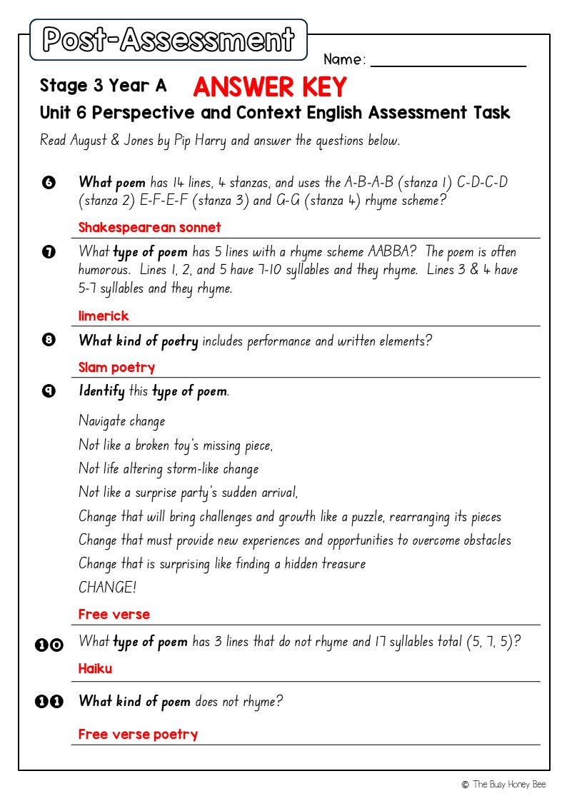 Stage 3 Year A English Pre- and Post-Assessment Unit 6 Perspective and context