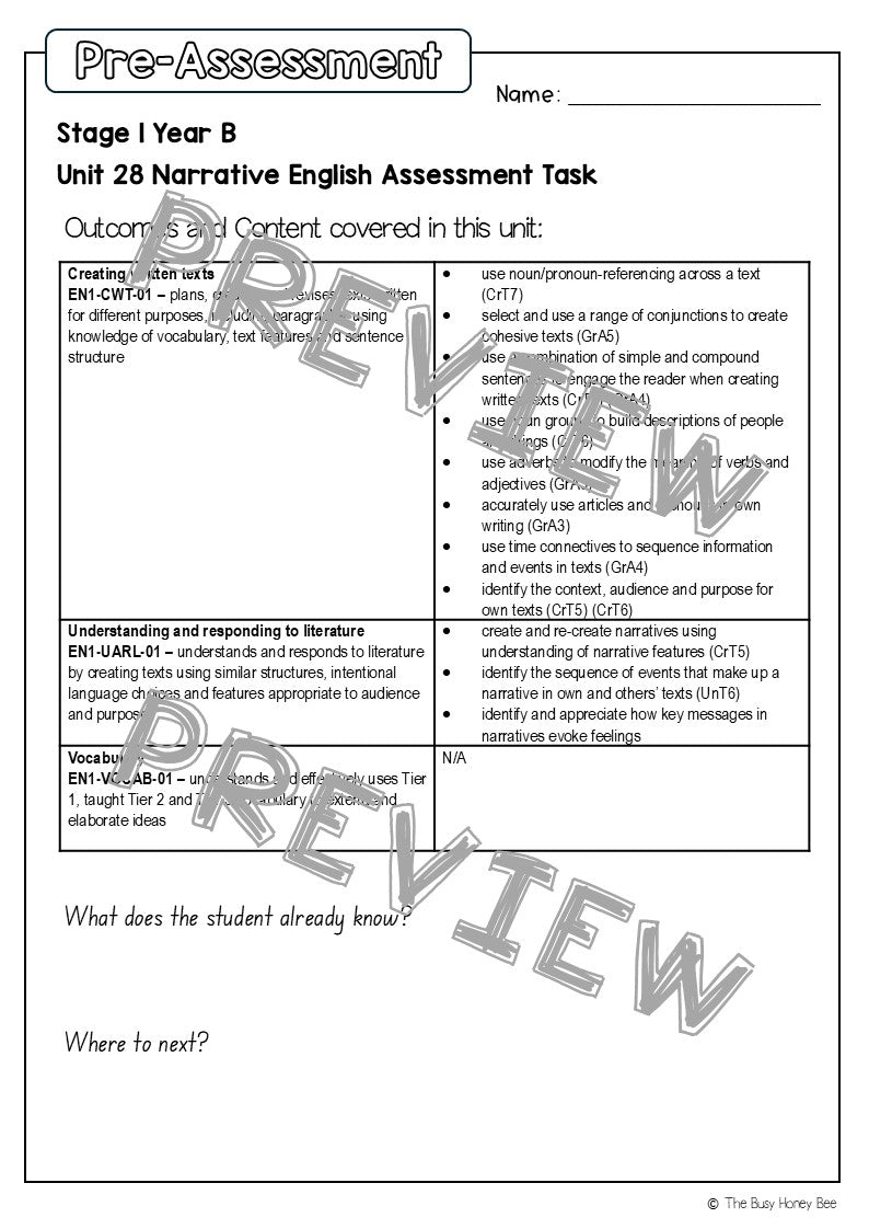 Stage 1 Year B English Pre- and Post-Assessment Unit 28