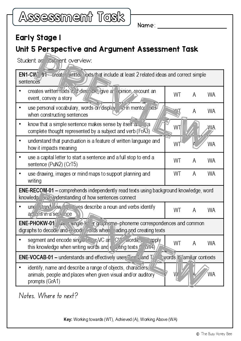 Early Stage 1 English Assessment Unit 5 Perspective and argument