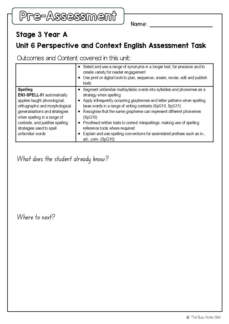 Stage 3 Year A English Pre- and Post-Assessment Unit 6 Perspective and context