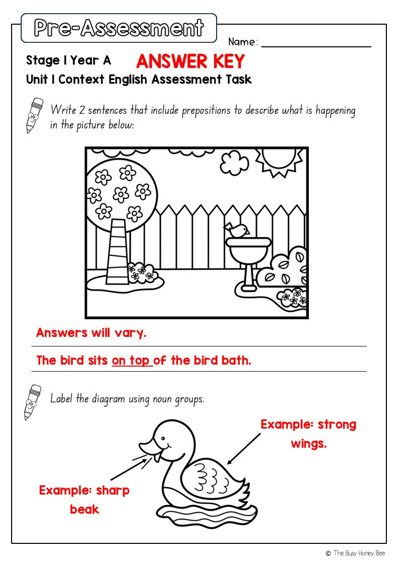 Stage 1 Year A English Pre- and Post-Assessment Unit 1