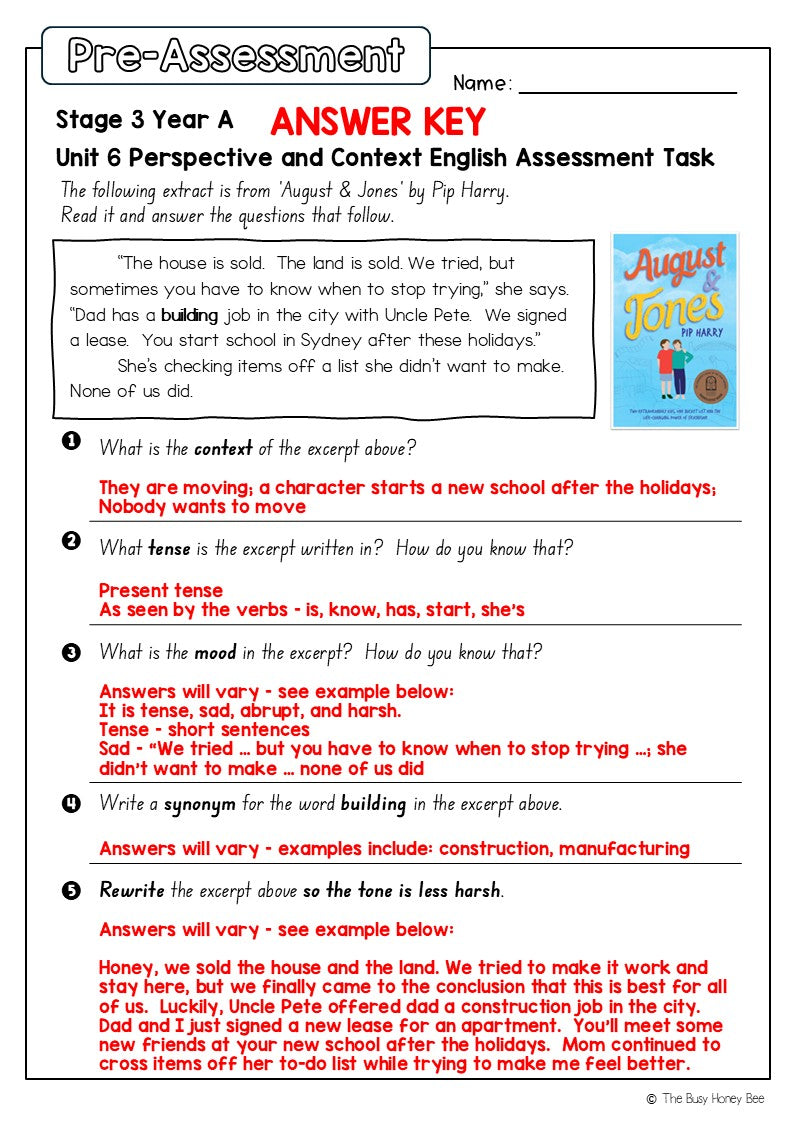 Stage 3 Year A English Pre- and Post-Assessment Unit 6 Perspective and context