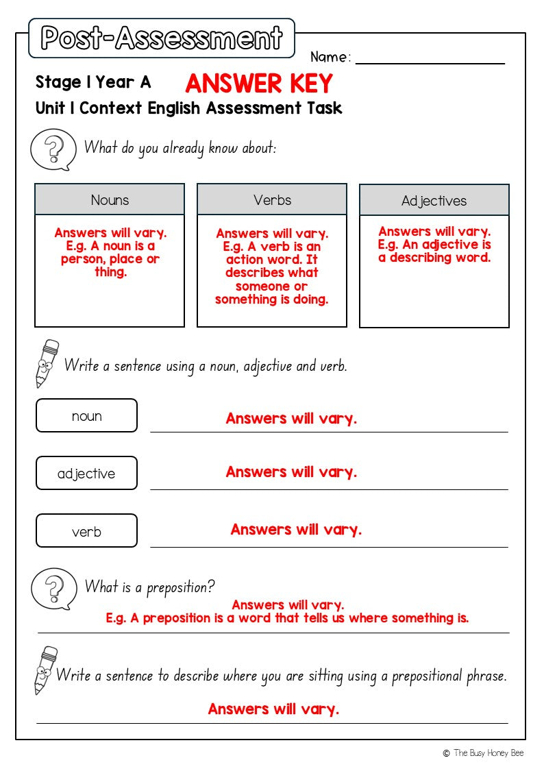 Stage 1 Year A English Pre- and Post-Assessment Unit 1