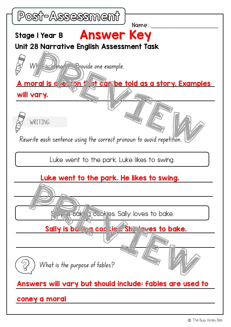 Stage 1 Year B English Pre- and Post-Assessment Unit 28