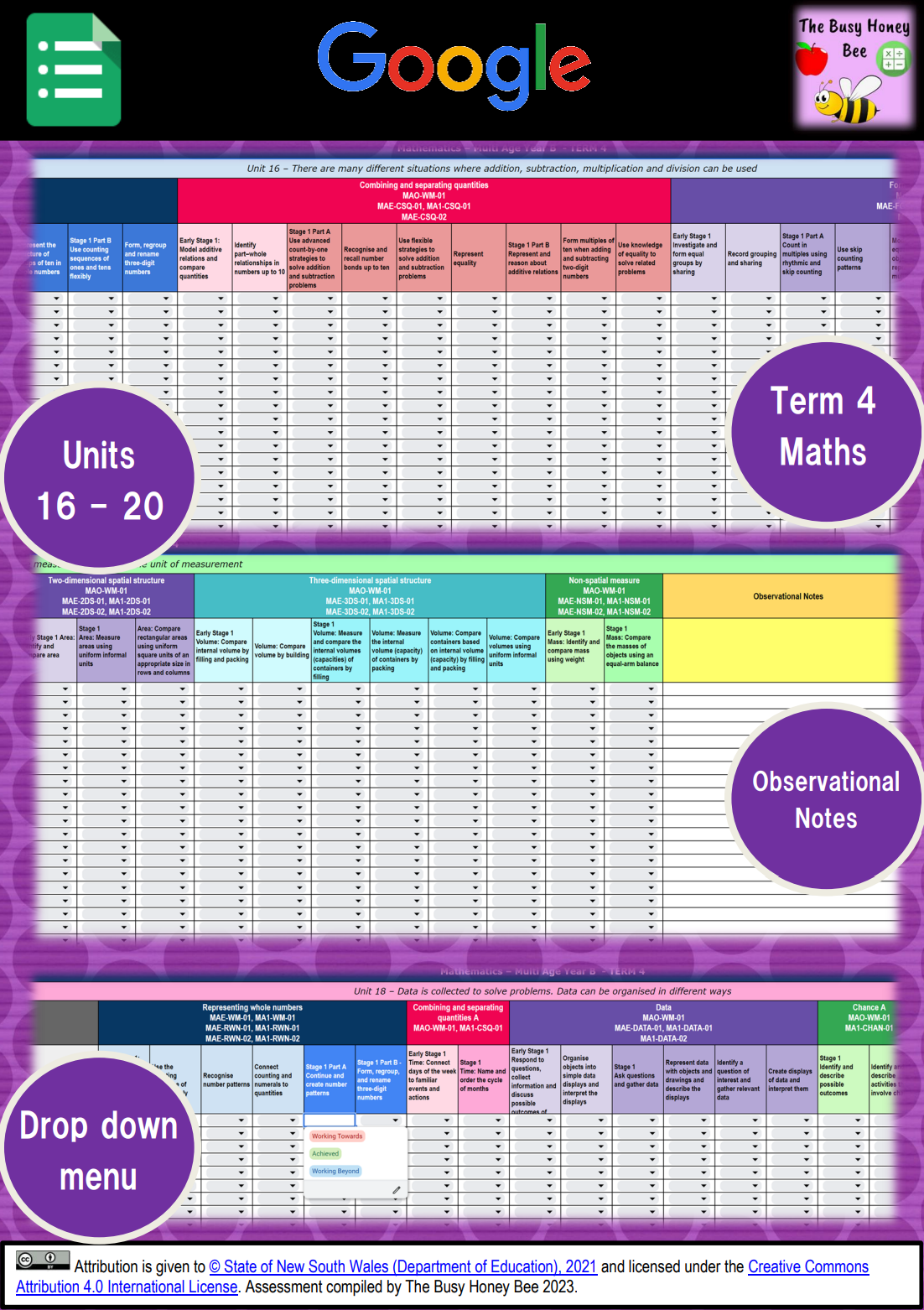 Multi Age K-2 Year B NSW Term 4 Maths Assessment Overview Google Sheet