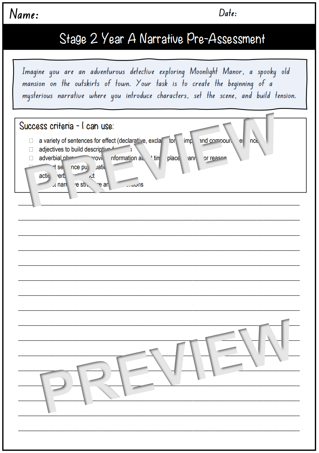 Stage 2 Year A Unit 1 Narrative Writing Pre-Assessment