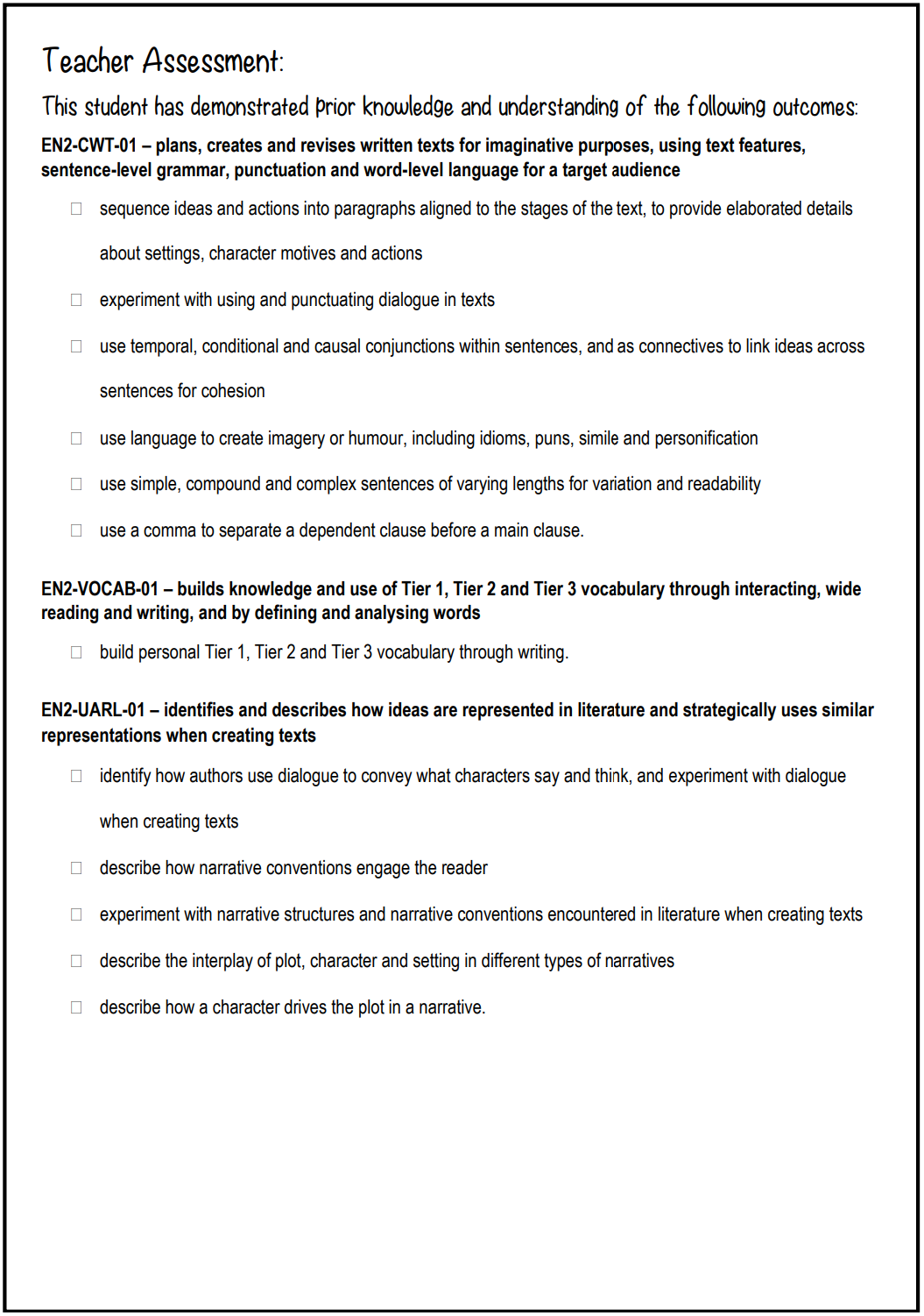 Stage 2 Year B Unit 9 Narrative Writing Pre-Assessment