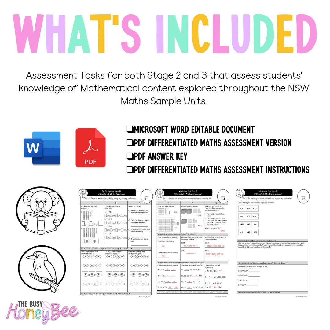 Multi Age 3-6 Year B Differentiated NSW Maths Assessment Unit 1 - Microsoft Word Document