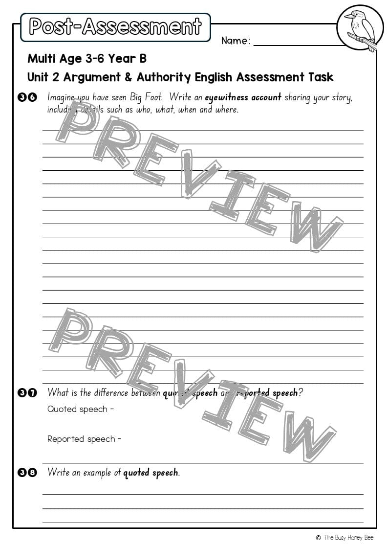Multi Age 3-6 Year B English Pre- and Post-Assessment Unit 2 Argument and Authority - Assessment