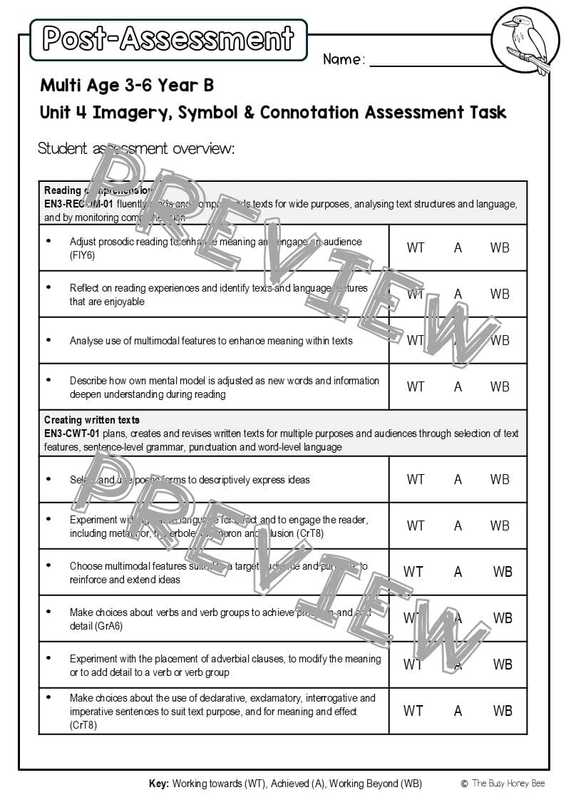 Multi Age 3-6 Year B English Pre- and Post-Assessment Unit 4 Imagery, symbol and connotation - Assessment
