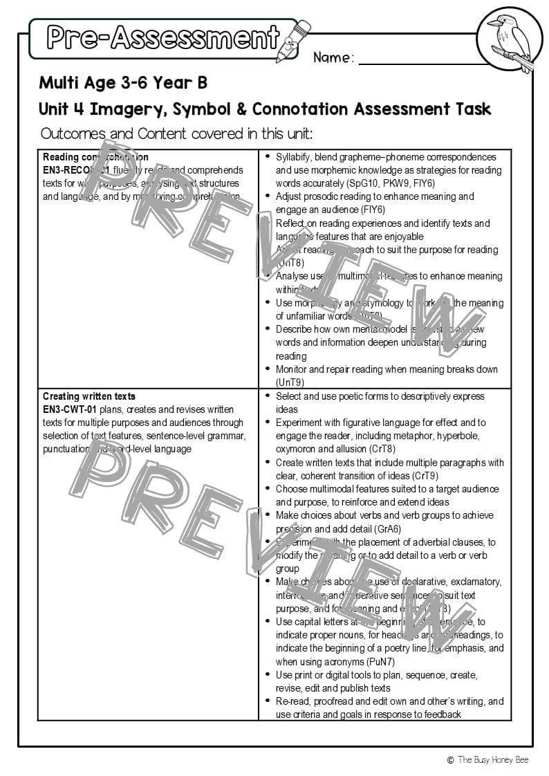 Multi Age 3-6 Year B English Pre- and Post-Assessment Unit 4 Imagery, symbol and connotation - Assessment