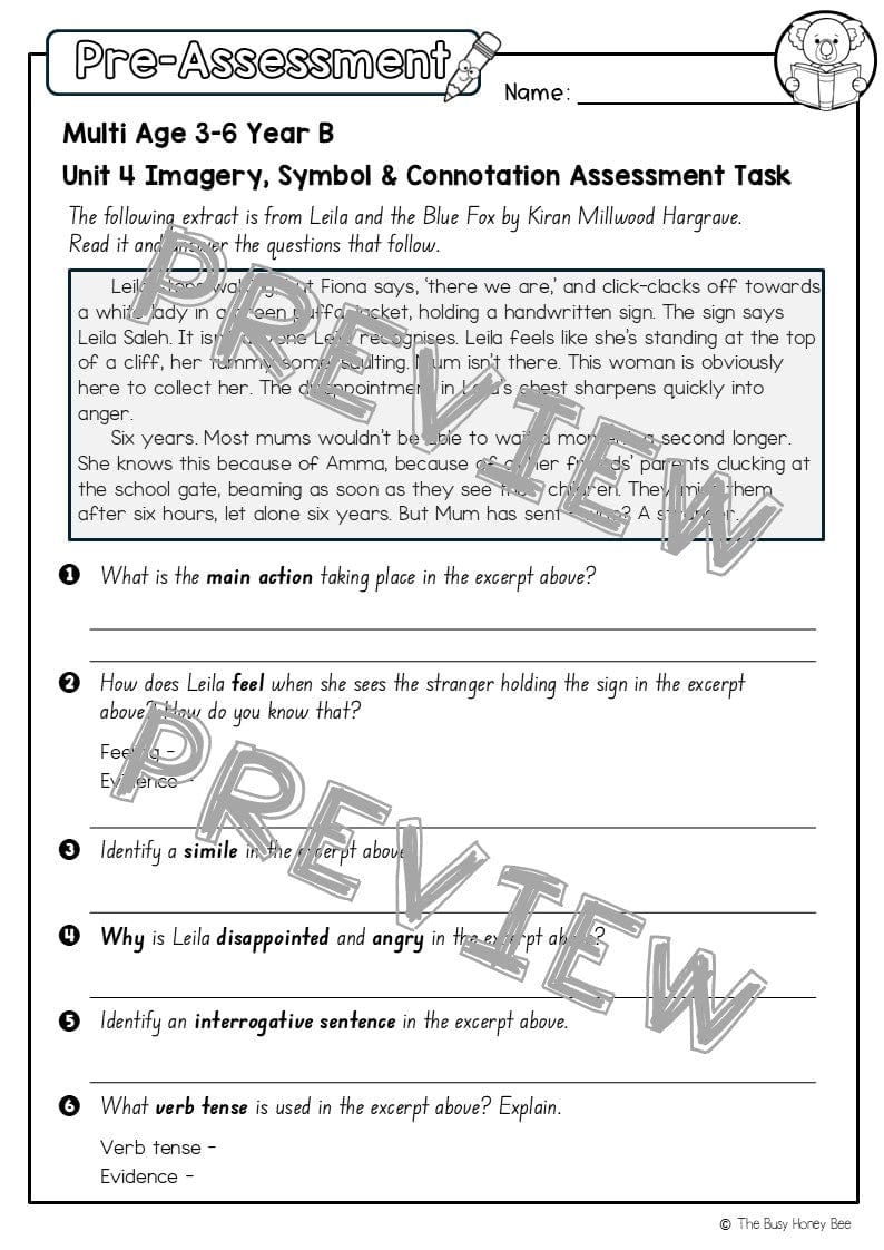 Multi Age 3-6 Year B English Pre- and Post-Assessment Unit 4 Imagery, symbol and connotation - Assessment
