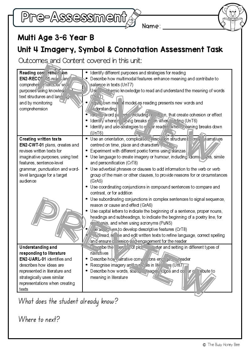 Multi Age 3-6 Year B English Pre- and Post-Assessment Unit 4 Imagery, symbol and connotation - Assessment