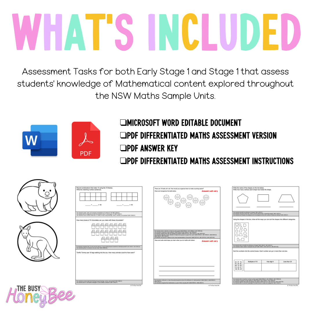 Multi Age K-2 Year A Differentiated NSW Maths Assessment Unit 1 - Assessment