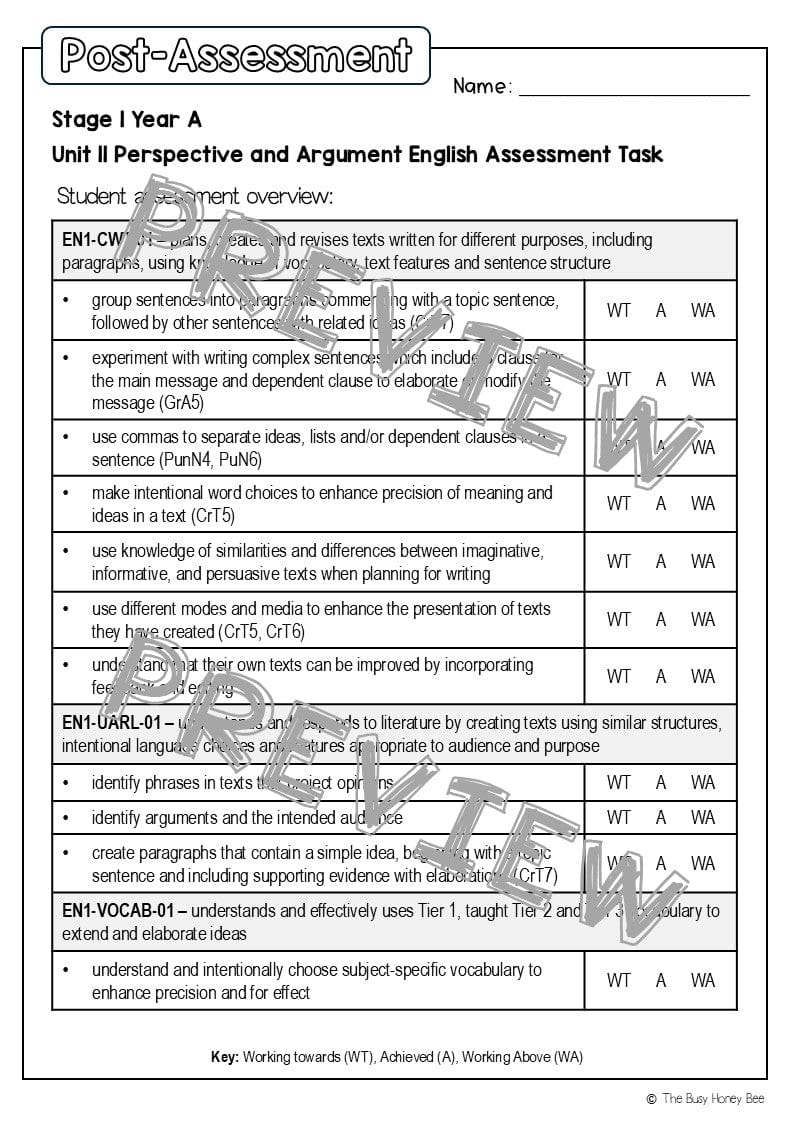Stage 1 Year A English Pre- and Post-Assessment Unit 11 - Assessment