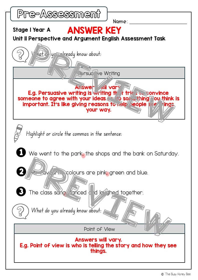 Stage 1 Year A English Pre- and Post-Assessment Unit 11 - Assessment