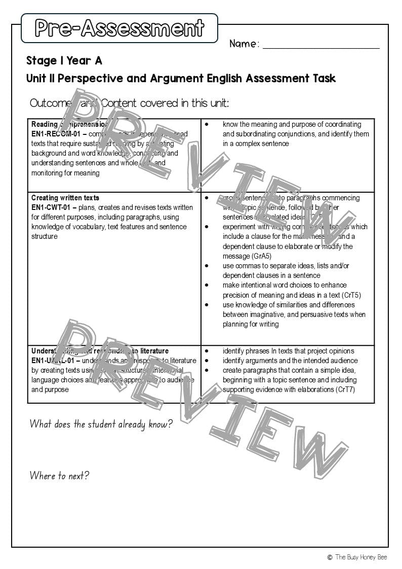 Stage 1 Year A English Pre- and Post-Assessment Unit 11 - Assessment