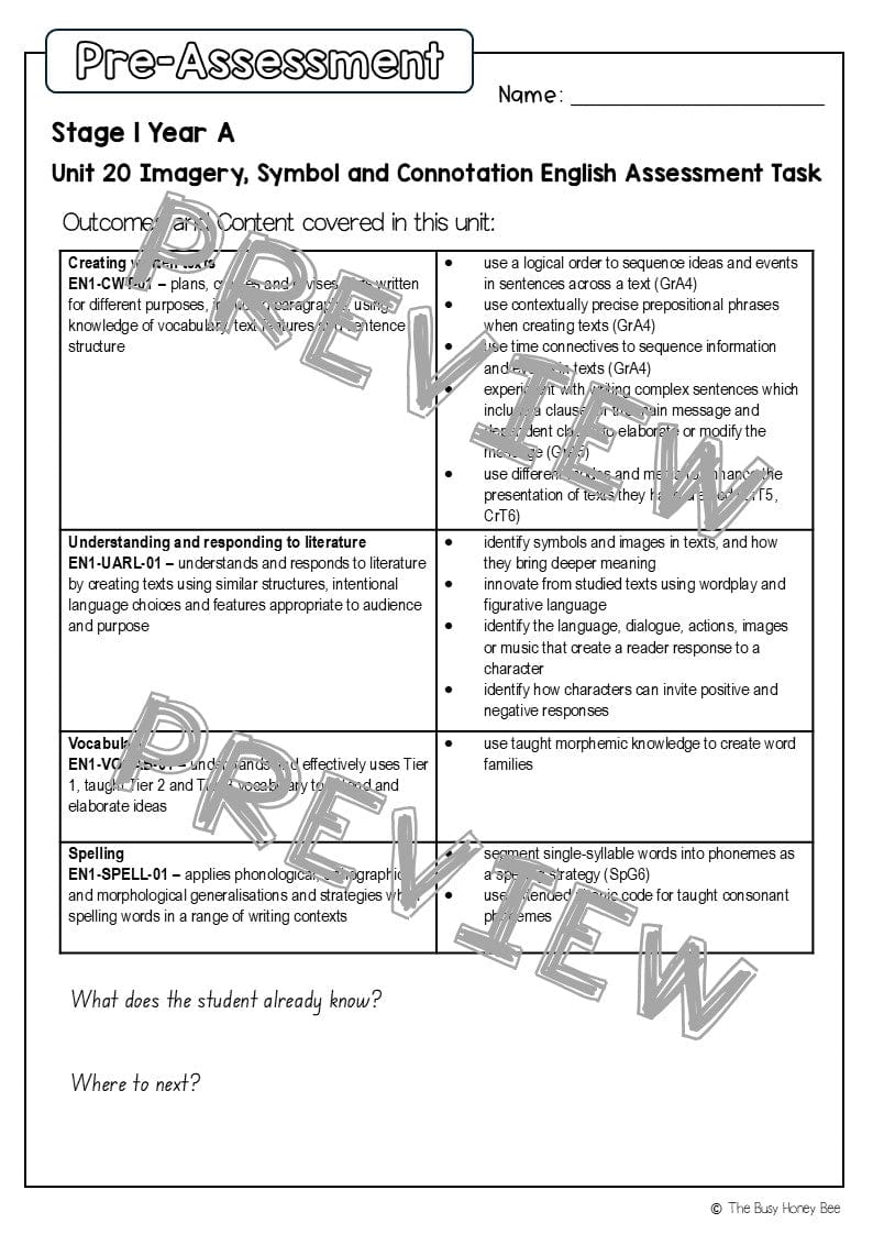 Stage 1 Year A English Pre- and Post-Assessment Unit 20 - Assessment