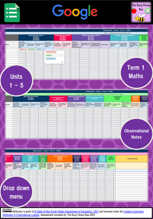 Stage 1 Year A NSW Term 1 Maths Assessment Overview Google Sheet - Assessment