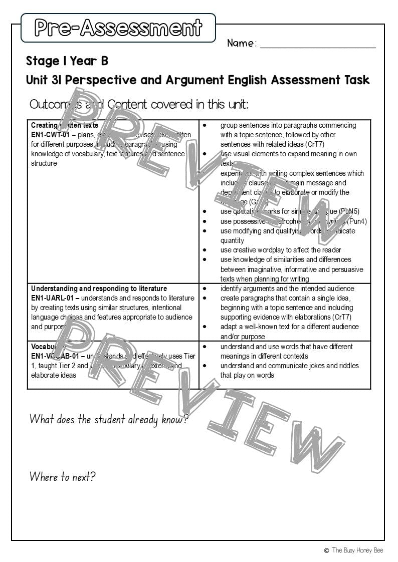 Stage 1 Year B English Pre- and Post-Assessment Unit 31 -