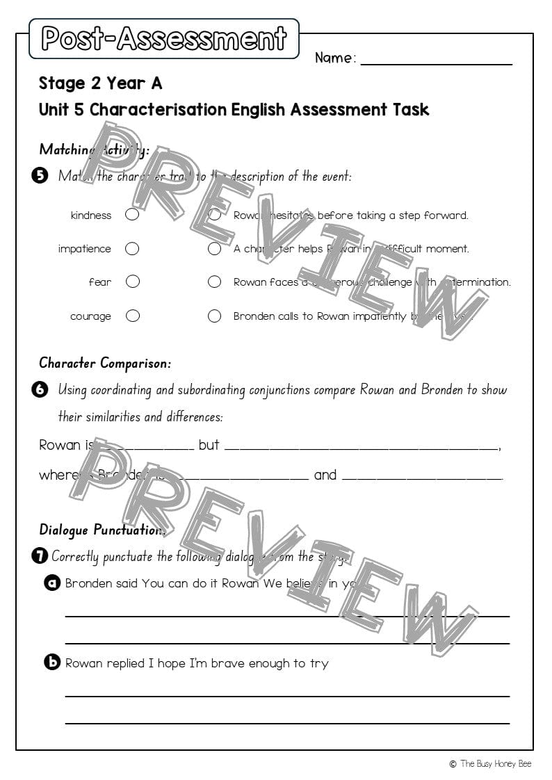 Stage 2 Year A English Pre- and Post-Assessment Unit 5 Characterisation - Assessment