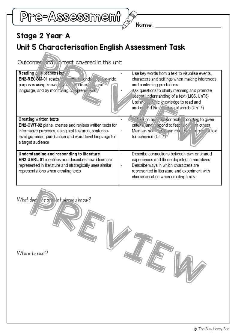 Stage 2 Year A English Pre- and Post-Assessment Unit 5 Characterisation - Assessment