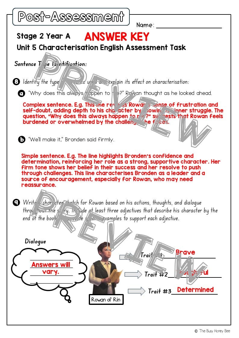 Stage 2 Year A English Pre- and Post-Assessment Unit 5 Characterisation - Assessment