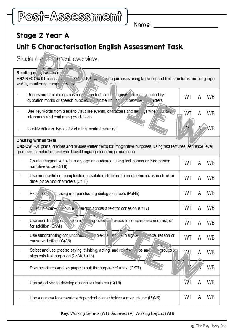 Stage 2 Year A English Pre- and Post-Assessment Unit 5 Characterisation - Assessment