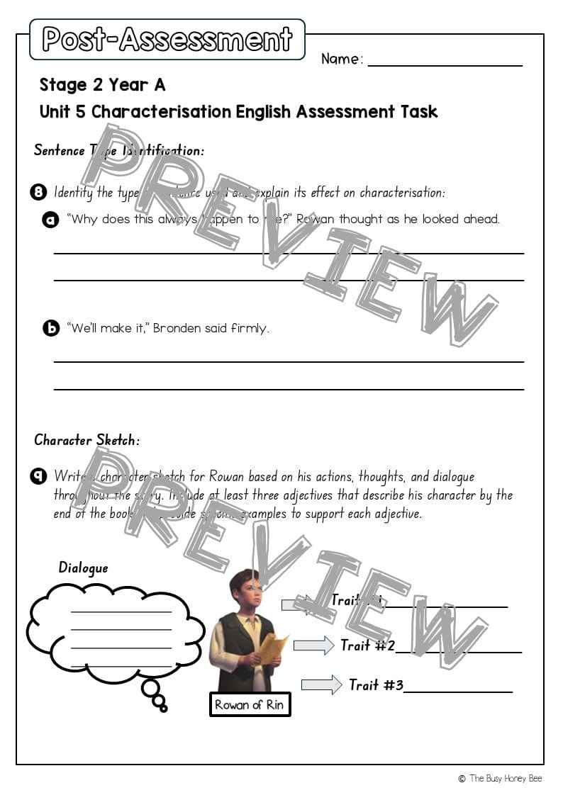 Stage 2 Year A English Pre- and Post-Assessment Unit 5 Characterisation - Assessment