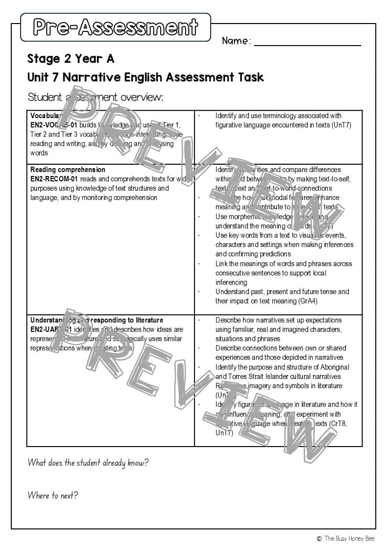 Stage 2 Year A English Pre- and Post-Assessment Unit 7 Narrative - Assessment