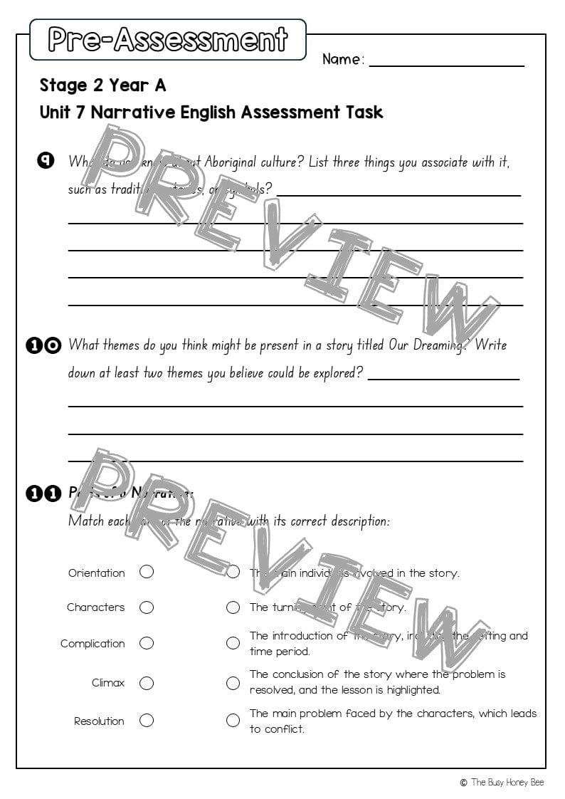 Stage 2 Year A English Pre- and Post-Assessment Unit 7 Narrative - Assessment