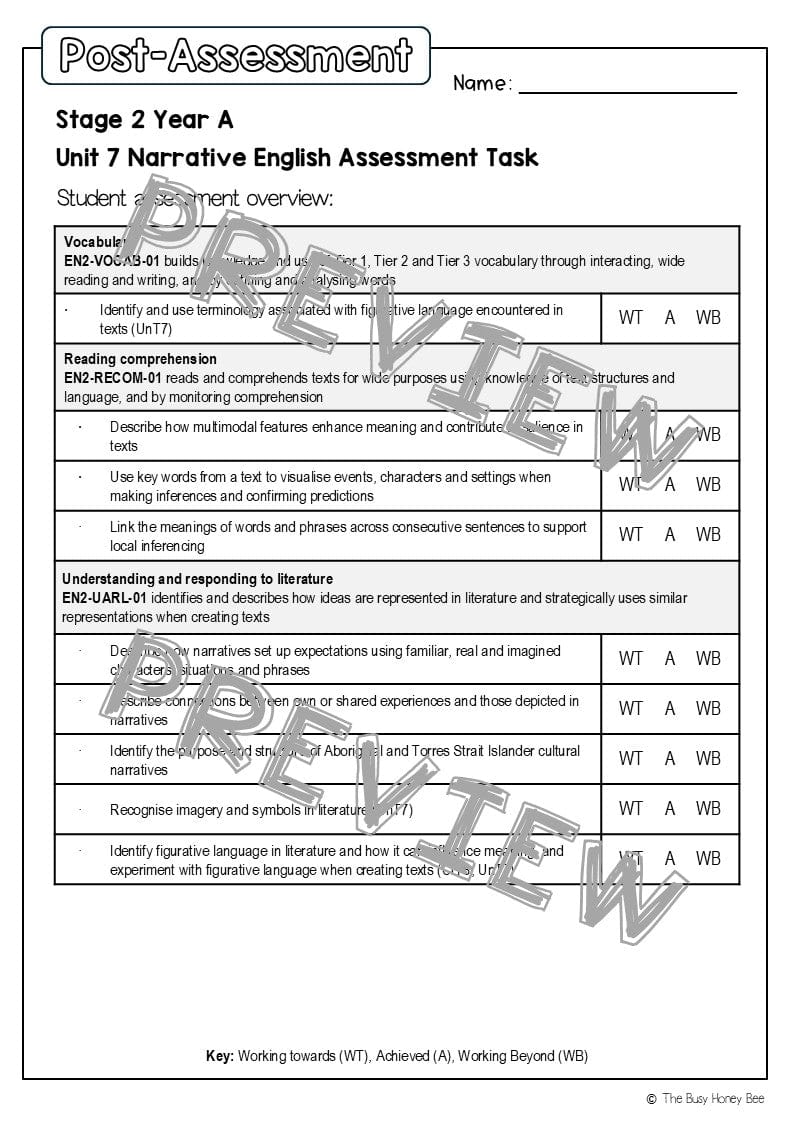 Stage 2 Year A English Pre- and Post-Assessment Unit 7 Narrative - Assessment