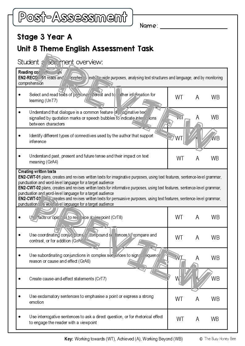 Stage 2 Year A English Pre- and Post-Assessment Unit 8 Theme -