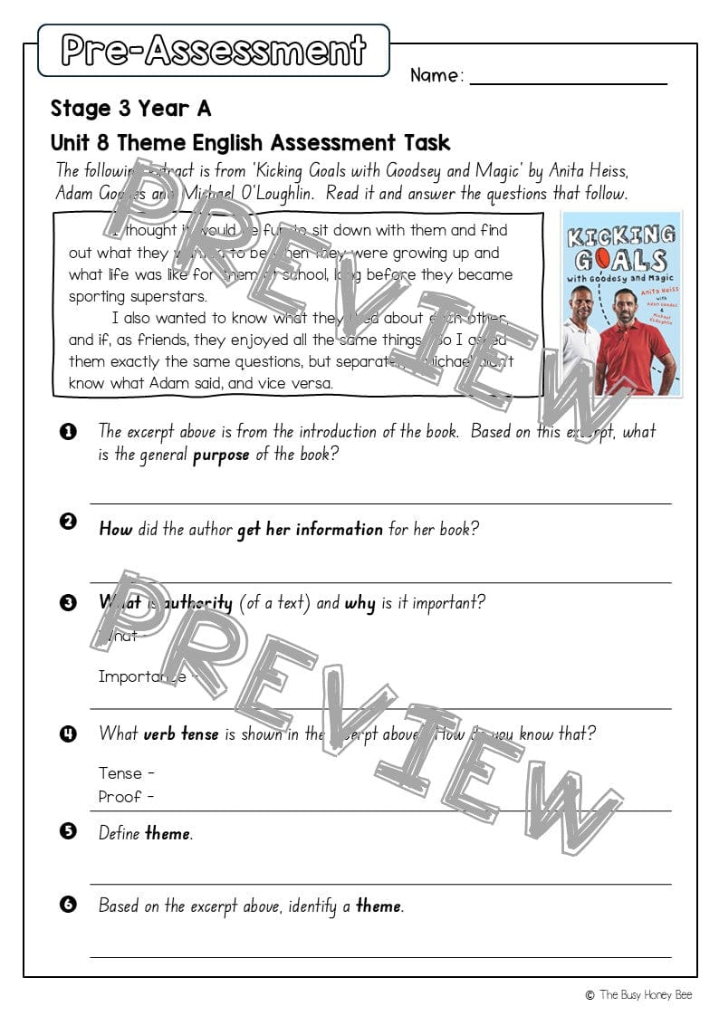 Stage 2 Year A English Pre- and Post-Assessment Unit 8 Theme -