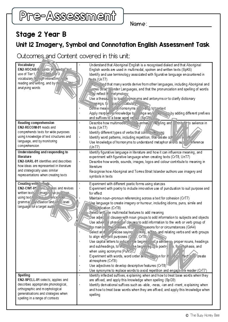 Stage 2 Year B English Pre- and Post-Assessment Unit 12 Imagery, symbol and connotation - Assessment