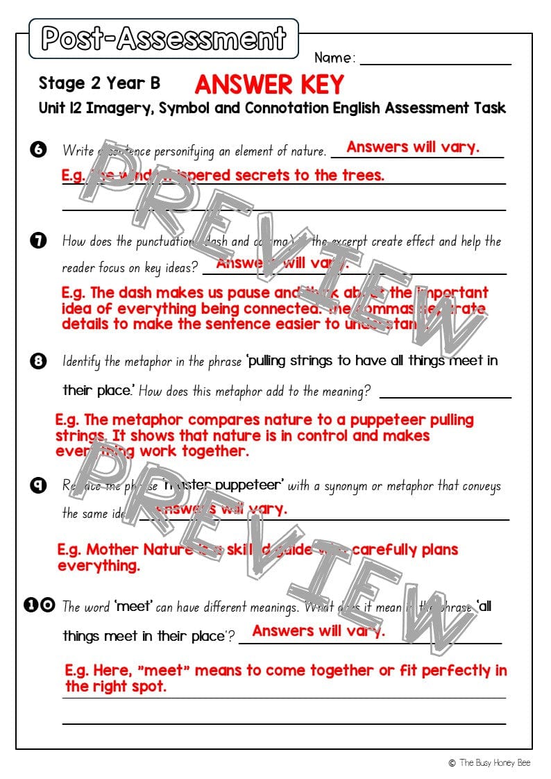 Stage 2 Year B English Pre- and Post-Assessment Unit 12 Imagery, symbol and connotation - Assessment