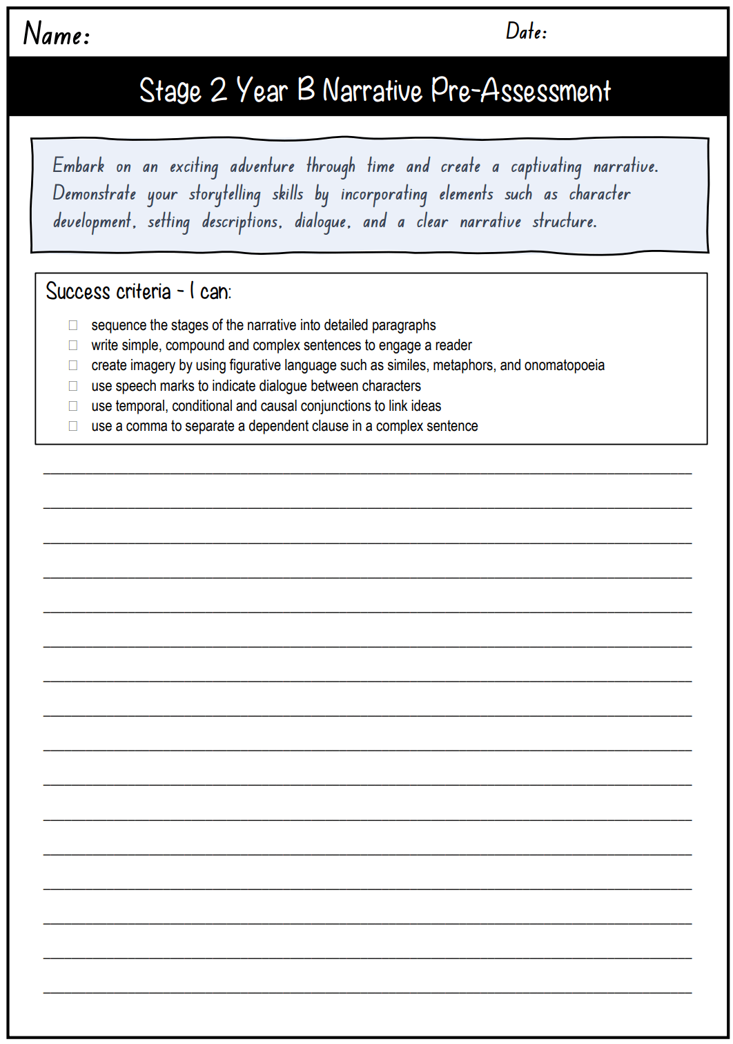 Stage 2 Year B Unit 9 Narrative Writing Pre-Assessment - Assessment