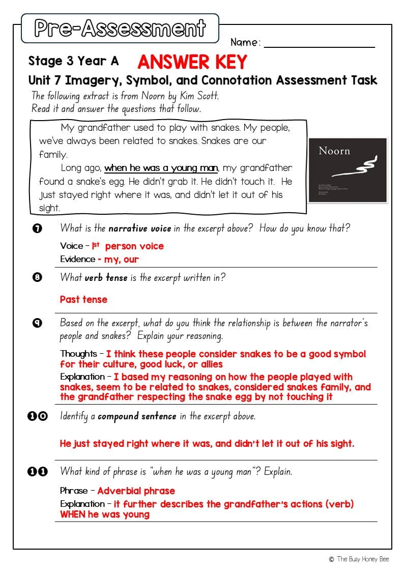 Stage 3 Year A English Pre- and Post-Assessment Unit 7 Imagery, symbol and connotation -
