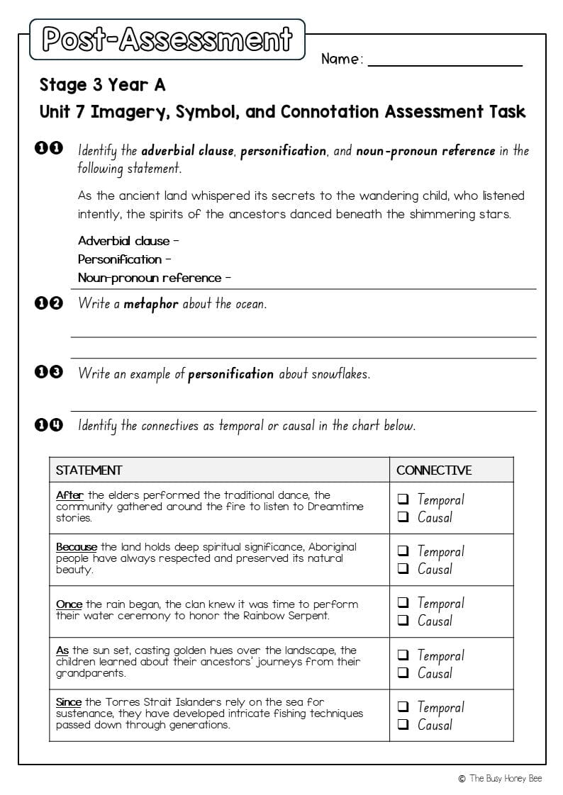 Stage 3 Year A English Pre- and Post-Assessment Unit 7 Imagery, symbol and connotation -