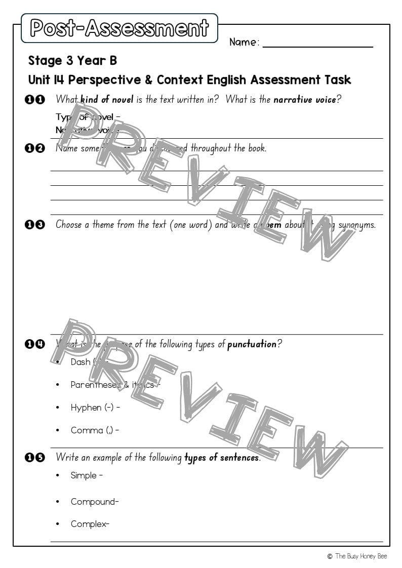 Stage 3 Year B English Pre- and Post-Assessment Unit 14 Perspective & Context -