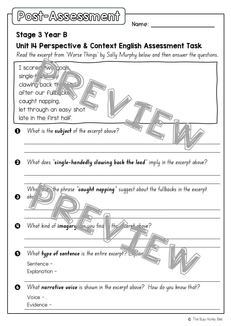 Stage 3 Year B English Pre- and Post-Assessment Unit 14 Perspective & Context -