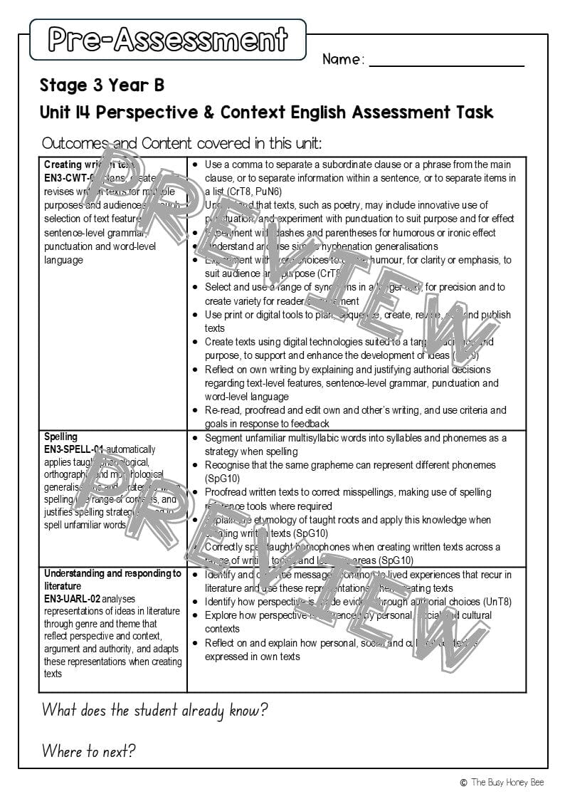 Stage 3 Year B English Pre- and Post-Assessment Unit 14 Perspective & Context -